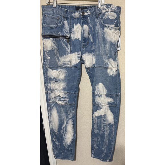Akoo Jeans Mens 40x30 Blue Distressed Acid Wash Hip Hop Y2K Streetwear Skulk - Picture 1 of 11